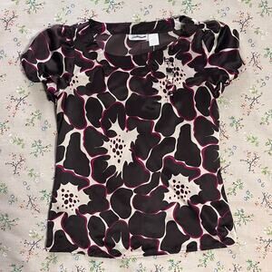VTG Worthington Satin Puff Sleeve Blouse Floral Brown Pink Small Y2k 90s Preppy